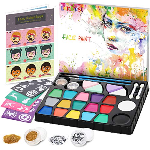 lenbest Set de Pintura Cara Infantil , Pintura Facial 17 Colores, Mayor Capacidad Blanco y Negro, con 1 Folleto Tutorial Pintado, 28 Plantillas y 4 Pinceles, para Fiestas, Carnaval y Halloween