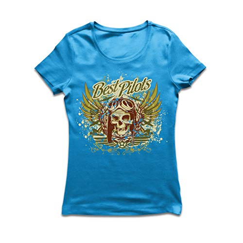 lepni.me Camiseta Mujer Los Mejores Pilotos - Avión Volando cráneo (Medium Azul Multicolor)