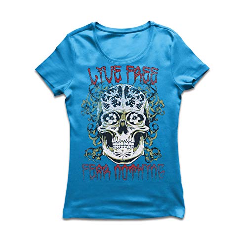 lepni.me Camiseta Mujer Vive Gratis - no Temas Nada, diseño de Calavera (Medium Azul