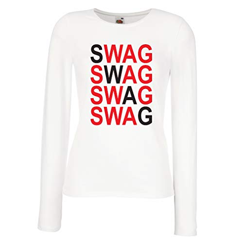 lepni.me Camisetas de Manga Larga para Mujer Swag Fashion, Hipster Clothing Urban Street Style Outfits (Medium Blanco Rojo)