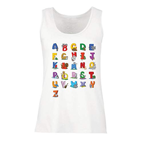 lepni.me Camisetas sin Mangas para Mujer Alfabeto Inglés, Diseño de Canciones ABC, Aprendizaje de Letras, Regreso a la Escuela o Regalos de Graduación (Large Blanco Multicolor)