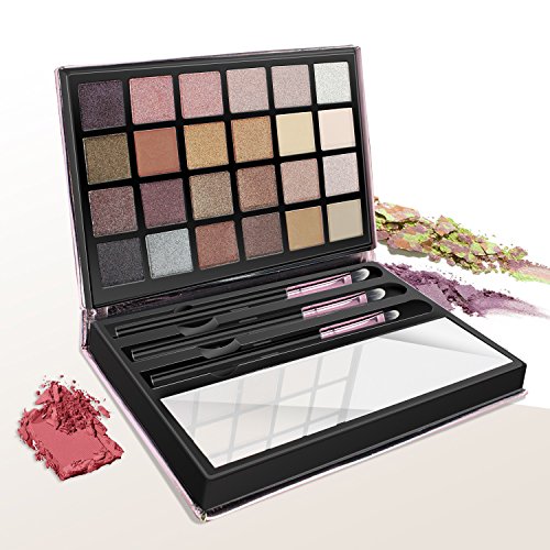 LeSB 24 Colors Shimmer Matte Eyeshadow Base Palettes Glitter Professional Rose Gold Cosmetic Brush Applicators 3PCS Brushes Set