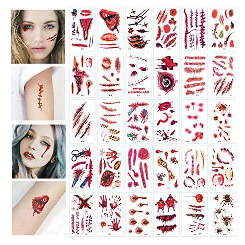 Letway 30 Piezas de Pegatinas de Tatuaje de Cicatriz de Halloween, Pegatinas de Cicatriz Divertidas, Pegatinas de Tatuaje de Cicatriz realistas, Pegatinas de decoración de Maquillaje de Halloween