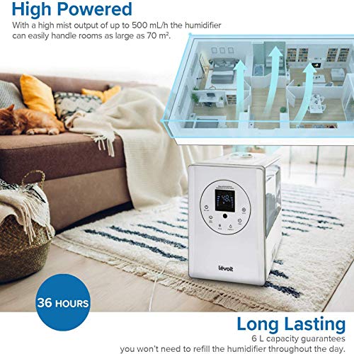 Levoit Humidificador Ultrasónico 6L Bebé de Vapor Caliente y Frío, Difusor de Aroma, 3 Niveles Ajustables, Monitor de Humedad, Control Remoto y Temporizador, Auto-Apagado, Boquilla 360°, LV600HH