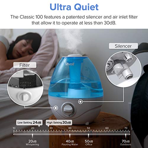 LEVOIT Humidificador Ultrasónico de Niebla Fría de 2.4L para Bebés (sin BPA), Funcionamiento Silencioso, Luz Nocturna y Apagado Automático, con 3 Niveles de Niebla, Dura hasta 24 Horas, Classic 100