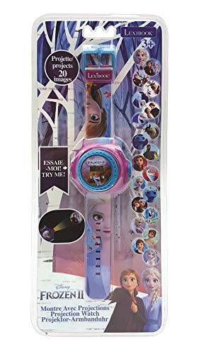 LEXIBOOK- Frozen 2 Reloj Correa Ajustable Pantalla Digital con 20 proyecciones de Elsa, Anna y Olaf Niñas-Azul y Morado