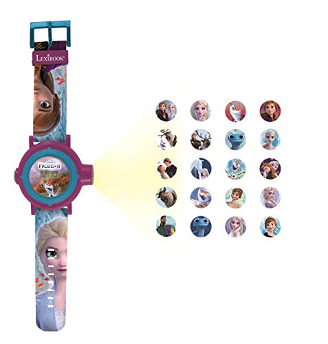 LEXIBOOK- Frozen 2 Reloj Correa Ajustable Pantalla Digital con 20 proyecciones de Elsa, Anna y Olaf Niñas-Azul y Morado