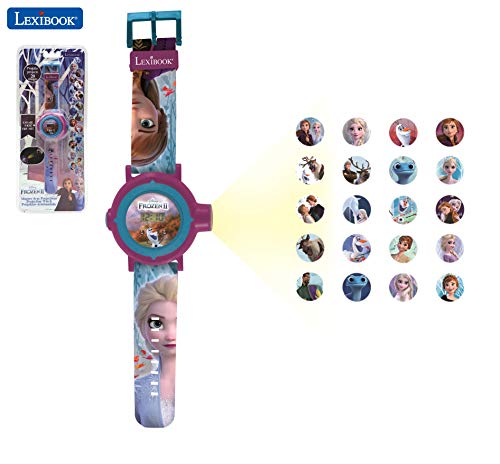 LEXIBOOK- Frozen 2 Reloj Correa Ajustable Pantalla Digital con 20 proyecciones de Elsa, Anna y Olaf Niñas-Azul y Morado
