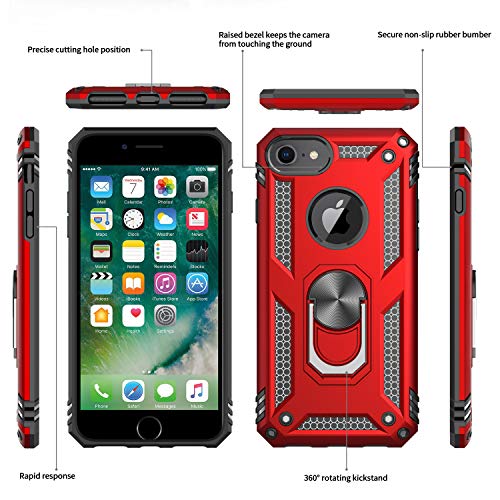 LeYi Funda iPhone 6 / 6S / 7/8 Armor Carcasa con 360 Anillo iman Soporte Hard PC y Silicona TPU Bumper antigolpes Fundas Carcasas Case para movil iPhone 7/8 con HD Protector de Pantalla, color Rojo