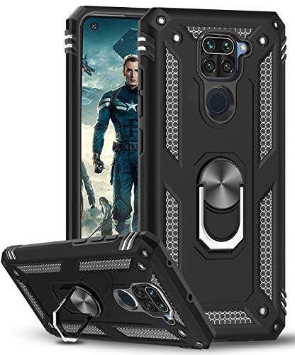 LeYi Funda Xiaomi Redmi Note 9,Armor Carcasa con 360 Grados Anillo iman Soporte Hard PC Silicona TPU Bumper Antigolpes Case para Movil Note 9,Negro