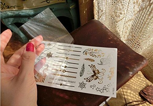 lezed 6 hojas 70 patrones metal oro pantalla caliente Silberne tatuaje adhesivo resistente al agua Tattoo Flash Tatuajes temporales dorada Pegatinas, pulsera/Soporte Cadena/dedos adhesivo/atrapasueños