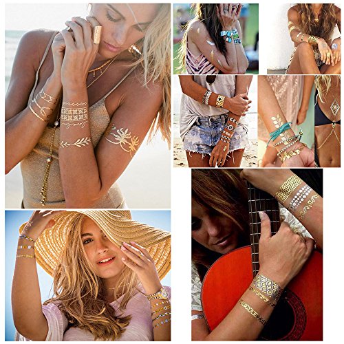 lezed 6 hojas 70 patrones metal oro pantalla caliente Silberne tatuaje adhesivo resistente al agua Tattoo Flash Tatuajes temporales dorada Pegatinas, pulsera/Soporte Cadena/dedos adhesivo/atrapasueños