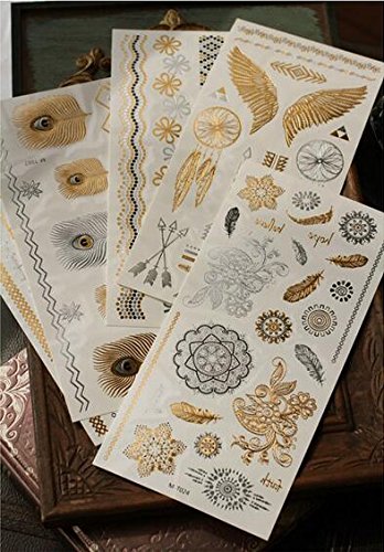 lezed 6 hojas 70 patrones metal oro pantalla caliente Silberne tatuaje adhesivo resistente al agua Tattoo Flash Tatuajes temporales dorada Pegatinas, pulsera/Soporte Cadena/dedos adhesivo/atrapasueños