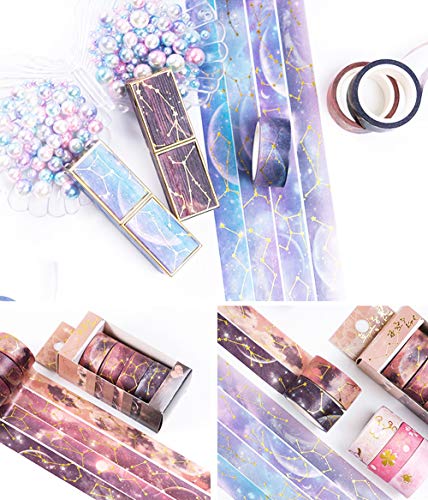 Lezed Cinta adhesiva decorativa Washi Tape para scrapbooking DIY Manualidades Diseño de Cielo Estrellado y Flores de Cerezo Cinta de Papel Washi para Revistas, planificadores, tarjetas 4pcs (Marrón)
