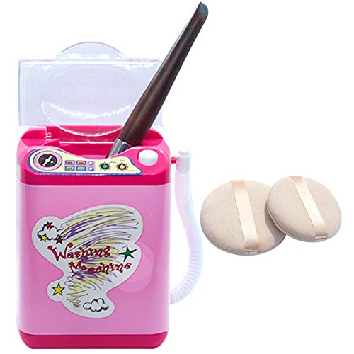 Lezed Mini Juguete Maquillaje Limpiador de Pinceles Mini Juguete Máquina Lavar Juguete Cepillo Mini Cepillo Eléctrico Limpiador de Brochas Cepillo de Limpieza Profunda Esponja en Polvo Puff Rosa