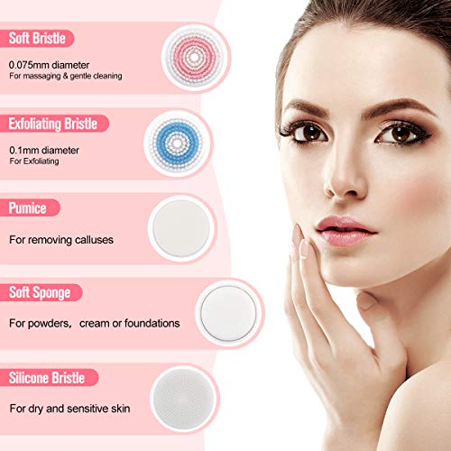 liaboe Cepillo de Limpieza Facial IPX7 100% Impermeable Limpieza Facial Limpiador de Cara 5 en 1 Masajeador Facial con 2 Modos de Terapia de Luz para El Acné Puntos Negros Piel Muerta