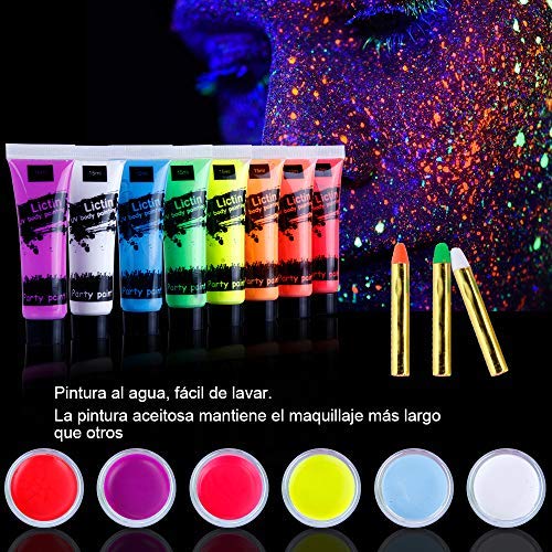 Lictin 43Pcs Pintura Corporal Pintura arte corporal UV Luz Negra Fosforescente maquillaje Arte maquillaje Fluorescente color maquillaje