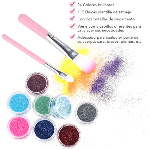 Lictin Kit de Tatuajes Temporales-Tatuaje de Brillo con 24 Colores 117 Hojas Únicas Plantilla de Tatuaje Temático，Impermeable y No Tóxico para el Cuepo