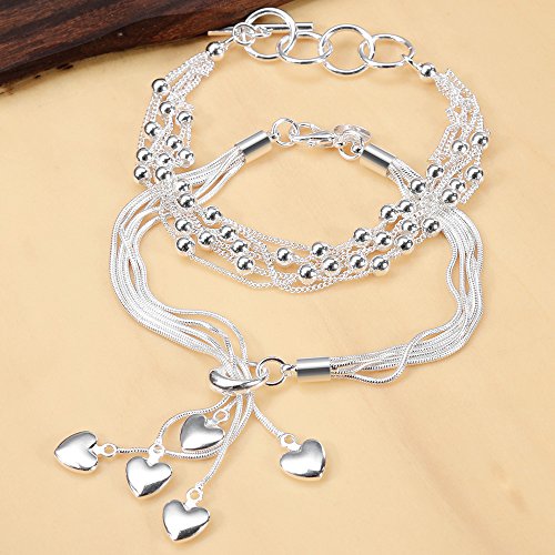 Lictin Pack de 2 Pulseras de Mujeres Plateada de Plata 925 Estilo Borla Corazon Fleco Brazalete de Mujer 20cm Regalo Cumpleaños Navidad El día de San Valentin Boda