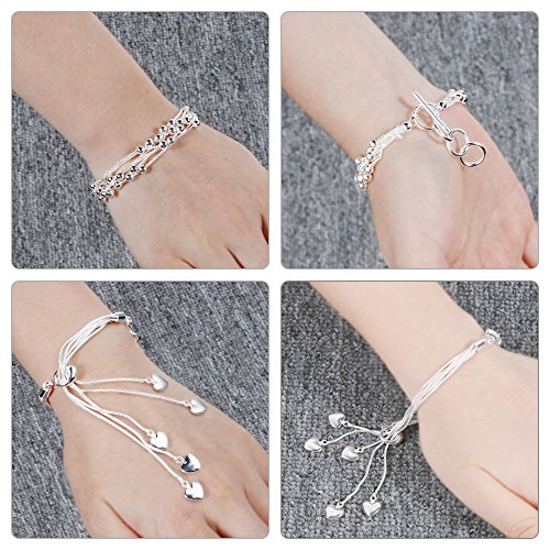 Lictin Pack de 2 Pulseras de Mujeres Plateada de Plata 925 Estilo Borla Corazon Fleco Brazalete de Mujer 20cm Regalo Cumpleaños Navidad El día de San Valentin Boda