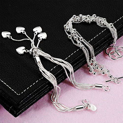 Lictin Pack de 2 Pulseras de Mujeres Plateada de Plata 925 Estilo Borla Corazon Fleco Brazalete de Mujer 20cm Regalo Cumpleaños Navidad El día de San Valentin Boda