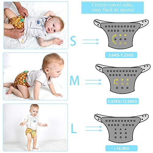 Lictin Pañales Lavables de Tela- 6 Pcs Pañales Lavables de Bambú para Bebé, Pañales Ajustable y Reutilizable para Bebés con 2 Bolsas de Almacenamiento