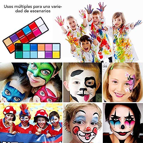 Lictin Pinturas Cara y Corporales-24 Colores + 50 Moldes + 6 Cepillos, Pintura Facial Corporales Seguro y Saludable Pintura Facial Lavable para Halloween
