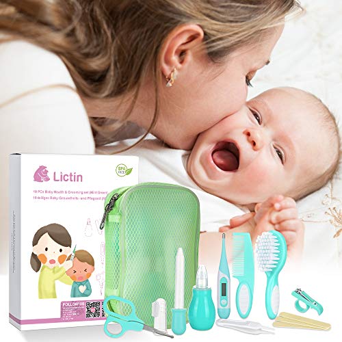 Lictin Set para el Cuidado del Bebé-10 Piezas Kit de Aseo Conveniente para Bebé con Termómetro electronico,Peine, Cepillo de Dientes de Dedo, Limpiador de nariz para Viaje y el Uso diario(Verde)