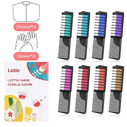 Lictin Tiza para Pelo- 8 Colores Temporal del Pelo con 2 Pares de Guantes Desechables y 2 Chales Desechables, Peine de Tiza de Pelo para Niñas para Halloween, Fiesta, Party, Navidad y Cosplay