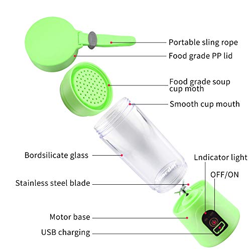 Licuadora Portátil, Eléctrico USB Juicer Batidora Mini Licuadora Taza de Jugo Máquina de Exprimidor de Botellas de Agua de 380 ml Con 4 Cuchillas, Smoothies, Batería Recargable de 1000 mAh (Green)