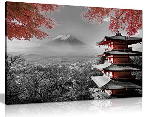 Lienzo decorativo para pared, diseño de templo japonés en otoño, color negro, blanco y rojo (24 x 16)