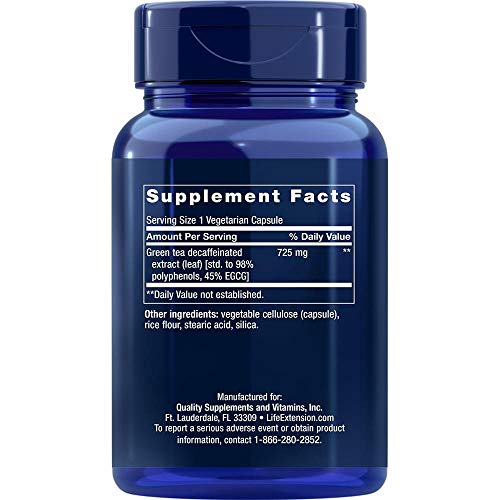 Life Extension, Mega Green Tea Extract ( extracto de té verde, descafeinado ), 725 mg, 100 Cápsulas veganas, sin soja, sin gluten