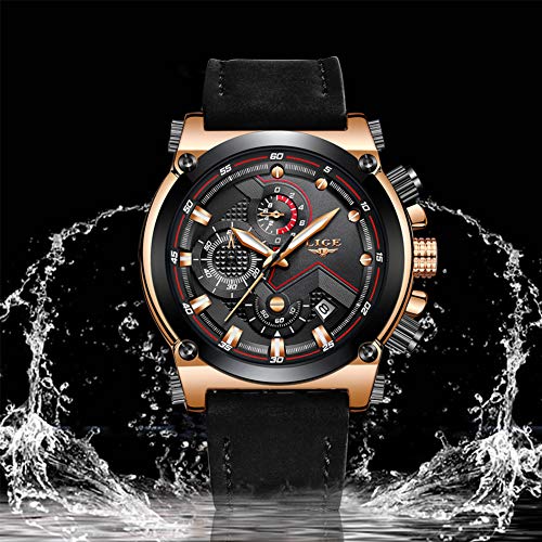 LIGE Hombre Relojes Moda Oro Reloj Hombres Negocios Clásico Negro Cuero Automática Fecha Relojes