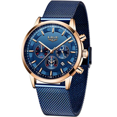 LIGE Relojes Hombre Moda Impermeable Acero Inoxidable Analógico Cuarzo Relojes Negocio Azul Fecha Automática Relojes