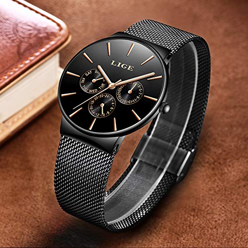LIGE Relojes Hombres Impermeable Deportes Cuarzo Analógico Reloj Hombre Moda Negro Acero Inoxidable Malla
