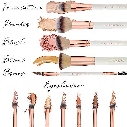Lily England Juego de Brochas de Maquillaje en Oro Rosa con Estuche de Mármol. Las 12 Mejores Brochas de Maquillaje para Cara y Ojos
