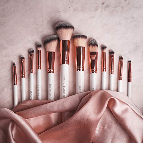 Lily England Juego de Brochas de Maquillaje en Oro Rosa con Estuche de Mármol. Las 12 Mejores Brochas de Maquillaje para Cara y Ojos