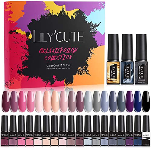 LILYCUTE Set de esmaltes de uñas en gel 21 piezas 7 ml colores de otoño invierno rojo violeta azul rosa gris esmalte de uñas en gel con base superior brillante y capa mate