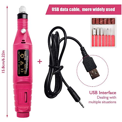 Lima Eléctrica para Uñas Profesionales con Set, torno para uñas electrico, Leobks Manicura y Pedicura Eléctrico con 6 Brocas USB Portátil Set de Manicura Forma de la pluma para Salón DIY Hogar