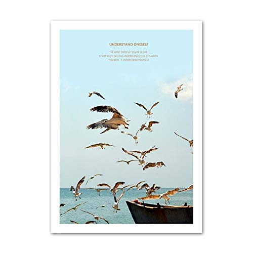 LiMengQi2 Árbol de Coco Gaviota mar Playa Caballo Surf Pared Arte Lienzo Pintura Carteles nórdicos Cuadros de Pared para decoración de Sala de Estar (sin Marco)