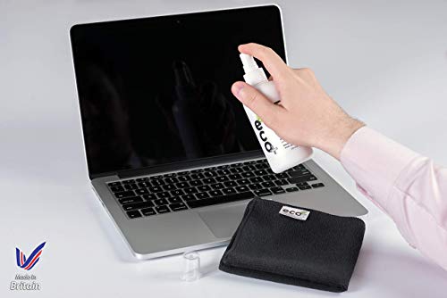 Limpiador de pantalla (250Ml) + Toalla de microfibra fina (40x40cm) - Producto natural - MADE IN UK, Producto verde, NO AMONIACO Y ALCOHOL, Limpia todos los polvos y las manchas, Lo mejor para Plasma LED / LCD / Plasma / portátil, iPhone, iPad, Computador