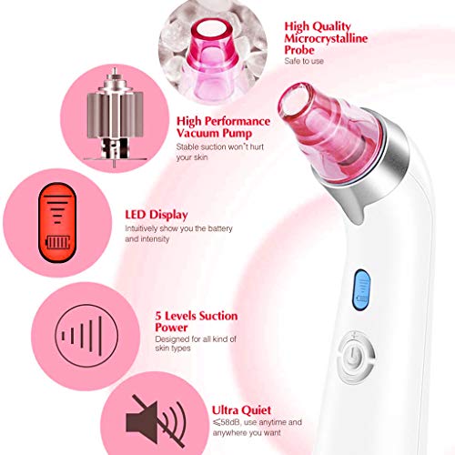 Limpiador de Poros Facial Removedor de Espinillas Eléctrico Con Indicador LED Succionador de Puntos Negros, Por USB, Con 5 Potencia de Succión Ajustable y 4 Sondas de Repuesto
