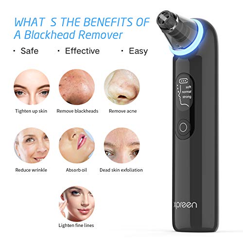 Limpiador de Poros, Xpreen Limpiador Facial Blackhead Remover Eliminador Puntos Negros Electrónico Recargable con Pantalla LED 4 Cabezales y 3 Modos para Espinillas y Acné (Negro 01)