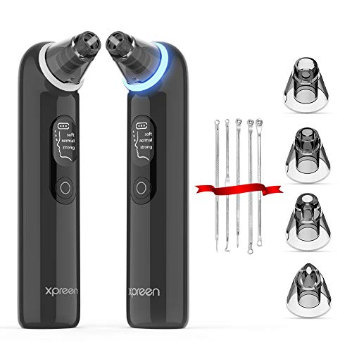 Limpiador de Poros, Xpreen Limpiador Facial Blackhead Remover Eliminador Puntos Negros Electrónico Recargable con Pantalla LED 4 Cabezales y 3 Modos para Espinillas y Acné (Negro 01)