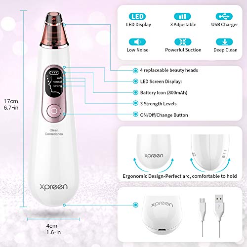 Limpiador de Poros, Xpreen Limpiador Facial Eliminador Puntos Negros Extractor de Puntos Negros Blackhead Remover Electrónico Recargable con Pantalla LED, 4 Cabezales y 3 Modos para Espinillas y Acné