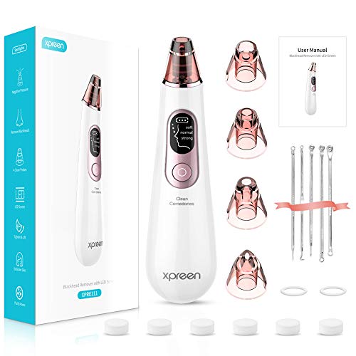 Limpiador de Poros, Xpreen Limpiador Facial Eliminador Puntos Negros Extractor de Puntos Negros Blackhead Remover Electrónico Recargable con Pantalla LED, 4 Cabezales y 3 Modos para Espinillas y Acné