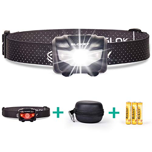 Linterna Frontal LED Slokey - 135 Lúmenes, hasta 25 Horas de Iluminación Continua, Luz Blanca Potente + Luz Roja, Compacta, Ligera, Ideal para Camping, Running, Caza, Pesca y Ciclismo. Pilas Incluidas