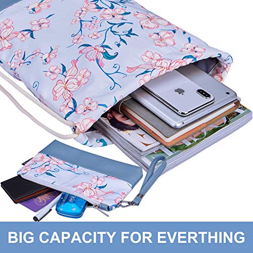 LIVACASA Mochila con cordón/Maquillaje Mochila, Mochila de Cuerdas Niños Bolsos de Embrague Costuras PU Estampado Florales Azul Hojas