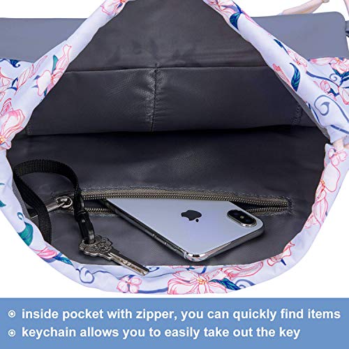 LIVACASA Mochila con cordón/Maquillaje Mochila, Mochila de Cuerdas Niños Bolsos de Embrague Costuras PU Estampado Florales Azul Hojas