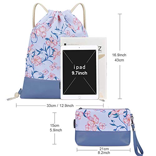 LIVACASA Mochila con cordón/Maquillaje Mochila, Mochila de Cuerdas Niños Bolsos de Embrague Costuras PU Estampado Florales Azul Hojas